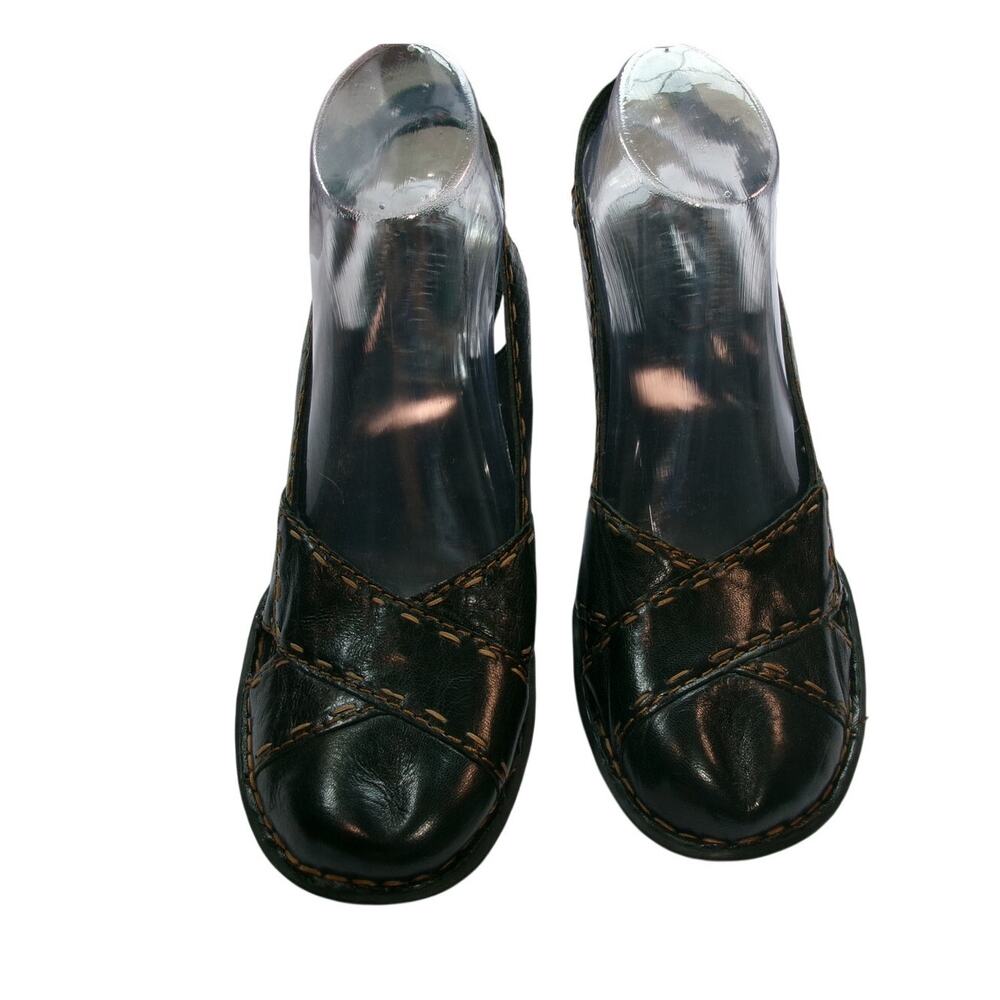 Børn Black Leather Slingback Block Heel Sandals Whipstitch Comfort Shoes W 9